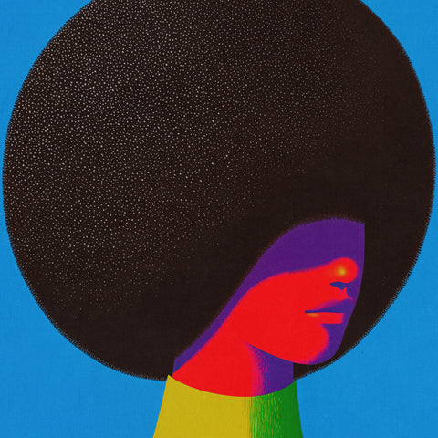Fine art close up headshot of woman with beautiful afro shading her face from the neon light that is cast over the figure. She wears a neon lime turtleneck against a solid blue background.