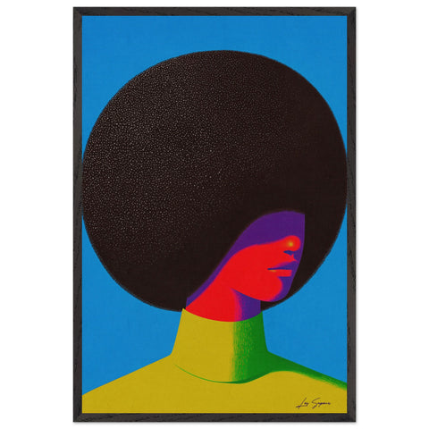 Fine art close up headshot of woman with beautiful afro shading her face from the neon light that is cast over the figure. She wears a neon lime turtleneck against a solid blue background.