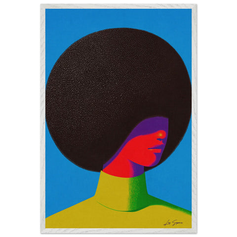 Fine art close up headshot of woman with beautiful afro shading her face from the neon light that is cast over the figure. She wears a neon lime turtleneck against a solid blue background.