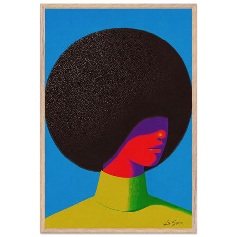 Fine art close up headshot of woman with beautiful afro shading her face from the neon light that is cast over the figure. She wears a neon lime turtleneck against a solid blue background.