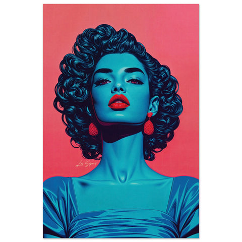 Digital art poster of the upper frame woman gazing directly at the viewer, illuminated by solid blue light and hues that contrast sharply with a vibrant neon pink background. She wears statement earrings and bold red lipstick, adding elegance to the striking color palette.