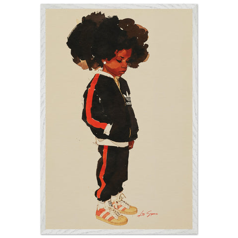 Fine art print depicting a young Brooklyn girl gazing downward with one hand in her pocket. She has big curly hair and wears a red and navy blue matching Adidas tracksuit, paired with white Adidas shoes featuring yellow accents. The pose and outfit exude a casual yet stylish vibe.