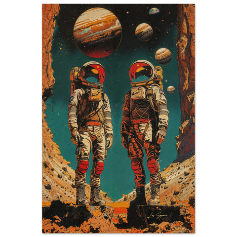 Poster of two astronaut companions standing side by side on a rocky world, their suits pristine and helmets reflecting the distant planets in the background. The vast expanse of space creates a powerful backdrop, with the planets visible through the reflective visors of their helmets.