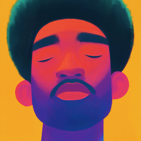 Fine art contemporary digital portrait of a black man with a solid neon yellow background, illuminated by bold red and blue lighting.