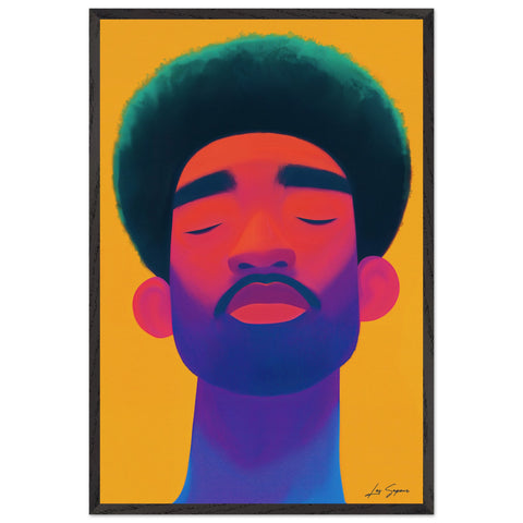 Fine art contemporary digital portrait of a black man with a solid neon yellow background, illuminated by bold red and blue lighting.