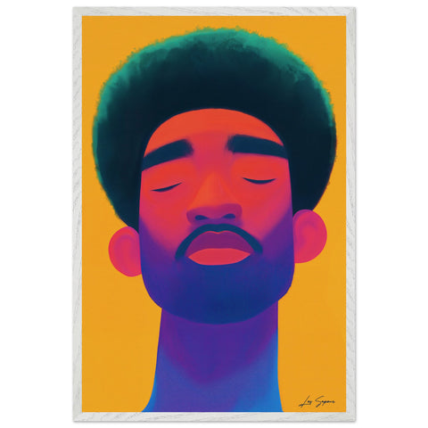 Fine art contemporary digital portrait of a black man with a solid neon yellow background, illuminated by bold red and blue lighting.