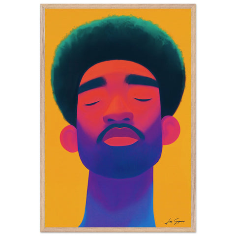 Fine art contemporary digital portrait of a black man with a solid neon yellow background, illuminated by bold red and blue lighting.