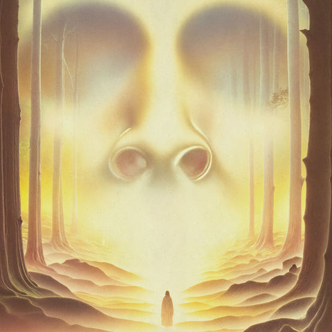 Fine art print depicting a person walking through a parting forest, with bright light shining down as they pass through the opening. The sky is aglow with powerful lights, casting an ethereal radiance on a blank, expressionless face, symbolizing an unknown journey or transformation