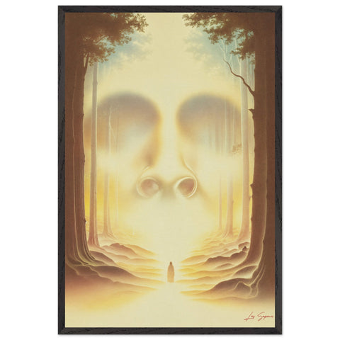 Fine art print depicting a person walking through a parting forest, with bright light shining down as they pass through the opening. The sky is aglow with powerful lights, casting an ethereal radiance on a blank, expressionless face, symbolizing an unknown journey or transformation