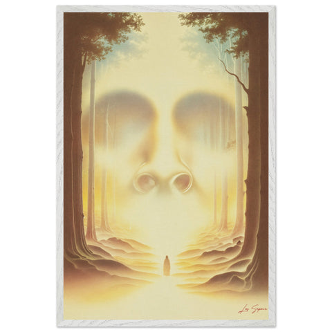 Fine art print depicting a person walking through a parting forest, with bright light shining down as they pass through the opening. The sky is aglow with powerful lights, casting an ethereal radiance on a blank, expressionless face, symbolizing an unknown journey or transformation