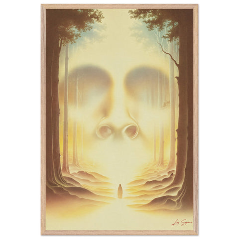 Fine art print depicting a person walking through a parting forest, with bright light shining down as they pass through the opening. The sky is aglow with powerful lights, casting an ethereal radiance on a blank, expressionless face, symbolizing an unknown journey or transformation