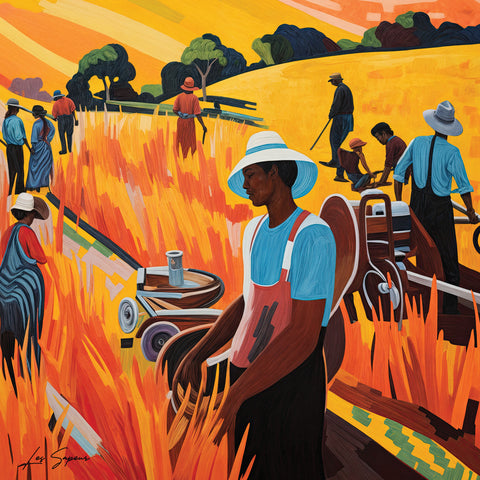 Fine art depiction of proud Jamaican farmers standing tall in golden fields that stretch into the distance, with rolling hills softly undulating in the background. The warm, golden tones of the crops contrast beautifully with the farmers' vibrant attire, symbolizing strength, heritage, and the connection to the land.