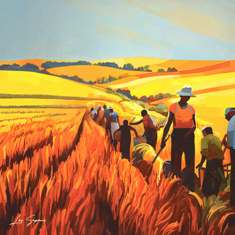 A fine art representation of farmers in Jamaica, standing confidently in golden yellow and orange fields that extend into the horizon, set under a bright blue sky, highlighting the rich agricultural heritage of the region.