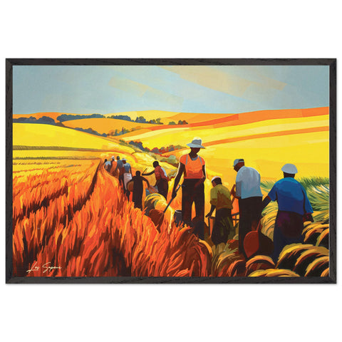 A fine art representation of farmers in Jamaica, standing confidently in golden yellow and orange fields that extend into the horizon, set under a bright blue sky, highlighting the rich agricultural heritage of the region.