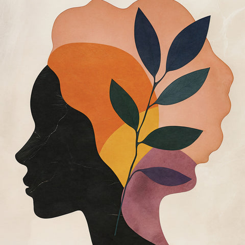 A poster design featuring a side profile of a woman, with her chest, neck, and head in dark black against a crisp white background. Her hair and neck are filled with flowing leaves and sun-hued shapes, adding a dynamic and natural contrast to the graphic simplicity of the composition.