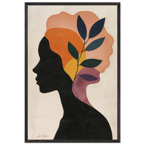 A poster design featuring a side profile of a woman, with her chest, neck, and head in dark black against a crisp white background. Her hair and neck are filled with flowing leaves and sun-hued shapes, adding a dynamic and natural contrast to the graphic simplicity of the composition.