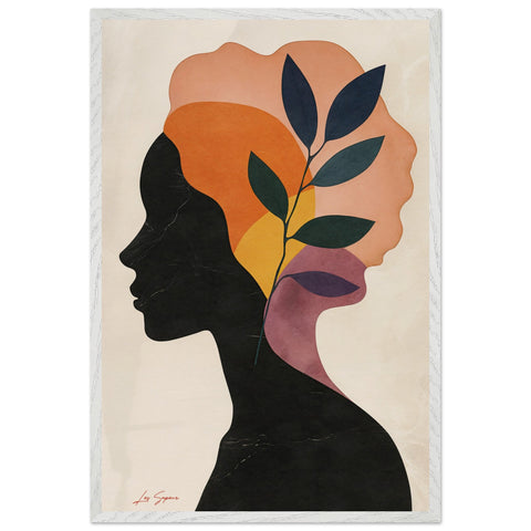 A poster design featuring a side profile of a woman, with her chest, neck, and head in dark black against a crisp white background. Her hair and neck are filled with flowing leaves and sun-hued shapes, adding a dynamic and natural contrast to the graphic simplicity of the composition.