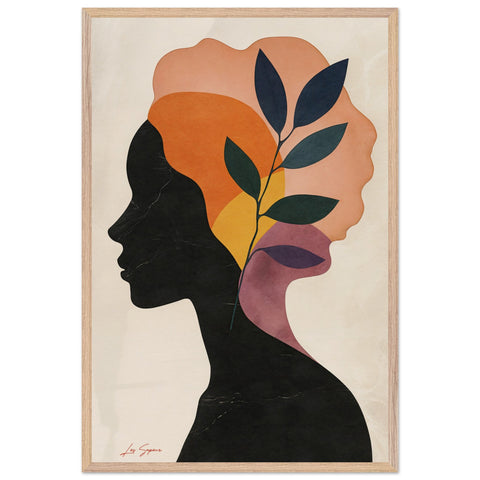 A poster design featuring a side profile of a woman, with her chest, neck, and head in dark black against a crisp white background. Her hair and neck are filled with flowing leaves and sun-hued shapes, adding a dynamic and natural contrast to the graphic simplicity of the composition.