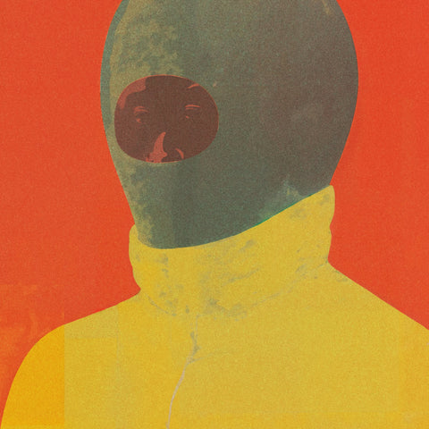 Fine art depiction using four distinct shapes to represent a person in a yellow shirt and balaclava against a vivid red background, embodying minimalistic design and bold expression.