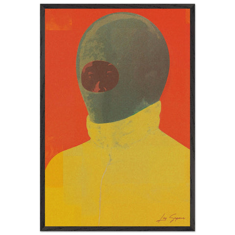 Fine art depiction using four distinct shapes to represent a person in a yellow shirt and balaclava against a vivid red background, embodying minimalistic design and bold expression.