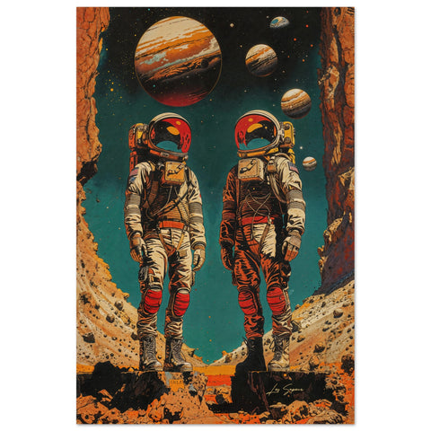 Poster of two astronaut companions standing side by side on a rocky world, their suits pristine and helmets reflecting the distant planets in the background. The vast expanse of space creates a powerful backdrop, with the planets visible through the reflective visors of their helmets.