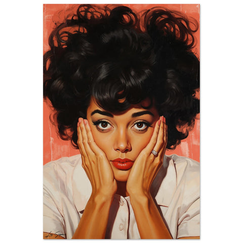 Contemporary digital portrait of a woman with black wavy hair, holding her face in her hands, gazing directly at the viewer. She wears a white shirt against a bold pink-red background