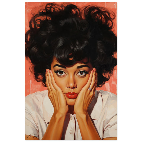 Contemporary digital portrait of a woman with black wavy hair, holding her face in her hands, gazing directly at the viewer. She wears a white shirt against a bold pink-red background