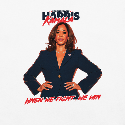 T-shirt design in white showcasing Kamala Harris's memorable phrase "Say it to my face," paired with a stylized portrait of her and her signature beneath, creating a striking and empowering graphic.
