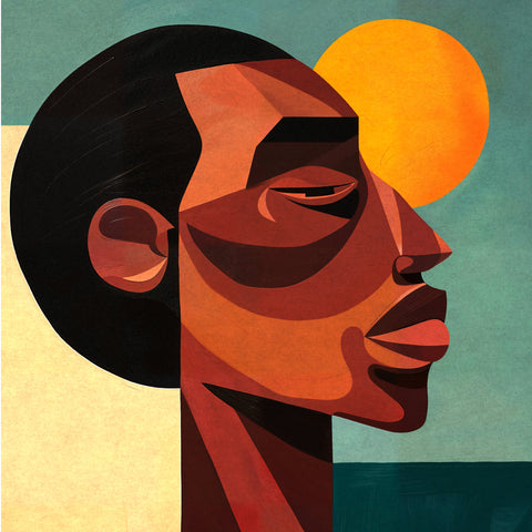 Fine art depicting an abstract side profile of a man on a farm, surrounded by lush green crops and an orange sun in the background. The figure is constructed from sharp geometric shapes, with the man wearing an orange and blue shirt, blending seamlessly into the vibrant landscape.