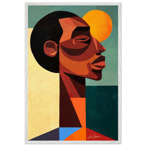 Fine art depicting an abstract side profile of a man on a farm, surrounded by lush green crops and an orange sun in the background. The figure is constructed from sharp geometric shapes, with the man wearing an orange and blue shirt, blending seamlessly into the vibrant landscape.