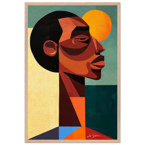 Fine art depicting an abstract side profile of a man on a farm, surrounded by lush green crops and an orange sun in the background. The figure is constructed from sharp geometric shapes, with the man wearing an orange and blue shirt, blending seamlessly into the vibrant landscape.