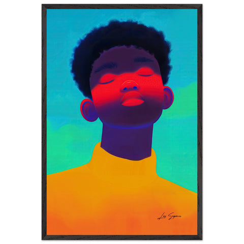 Contemporary digital portrait of a black man with a neon blue and green background, illuminated by bold red lighting