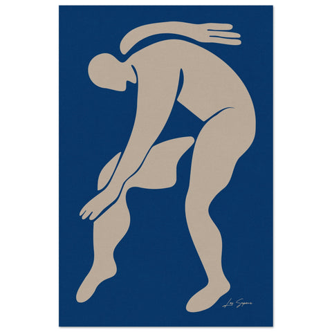 Poster featuring the silhouette of an all-white human figure, depicting a man bent gracefully in a dynamic dancing pose. The figure contrasts against a solid blue background, emphasizing movement and form.