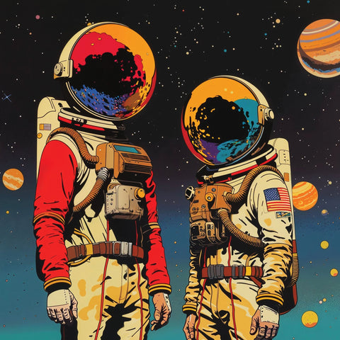 Space, the New Frontier Collection: A vibrant blend of space travel imagery and retro-futuristic aesthetics, inviting exploration of new worlds and reflection on humanity’s place in the universe.