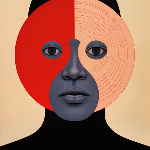 Poster featuring an abstract face created by a central circle divided into colored thirds with black borders. The face, crafted in red, white, and blue, gazes seriously at the viewer, with the bold colors and geometric design enhancing the intensity of the expression.