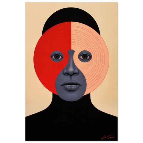 Poster featuring an abstract face created by a central circle divided into colored thirds with black borders. The face, crafted in red, white, and blue, gazes seriously at the viewer, with the bold colors and geometric design enhancing the intensity of the expression.