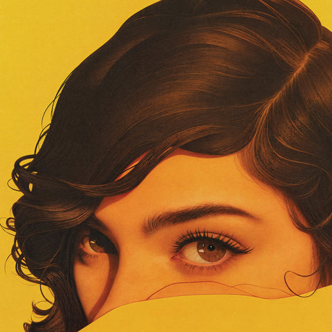 Digital artwork in a vivid orange color palette, featuring a close-up of a woman's face, her piercing gaze directed at the viewer, with the lower half of her face obscured by an unseen object.