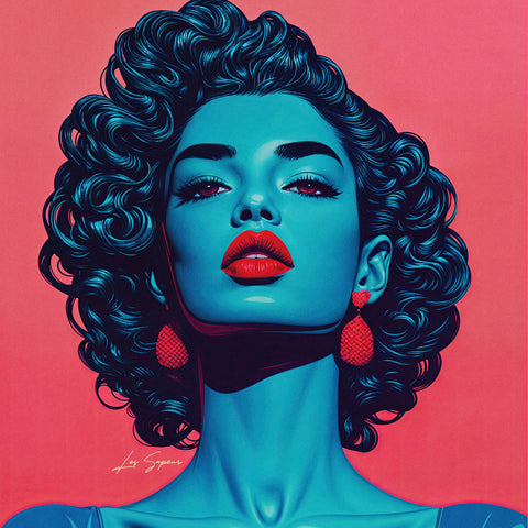 Digital art poster of the upper frame woman gazing directly at the viewer, illuminated by solid blue light and hues that contrast sharply with a vibrant neon pink background. She wears statement earrings and bold red lipstick, adding elegance to the striking color palette.