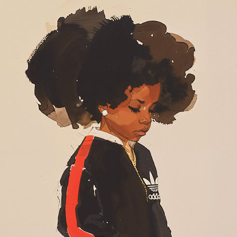  Fine art print depicting a young Brooklyn girl gazing downward with one hand in her pocket. She has big curly hair and wears a red and navy blue matching Adidas tracksuit, paired with white Adidas shoes featuring yellow accents. The pose and outfit exude a casual yet stylish vibe.