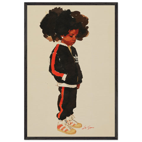  Fine art print depicting a young Brooklyn girl gazing downward with one hand in her pocket. She has big curly hair and wears a red and navy blue matching Adidas tracksuit, paired with white Adidas shoes featuring yellow accents. The pose and outfit exude a casual yet stylish vibe.