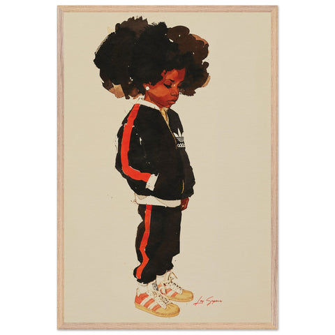  Fine art print depicting a young Brooklyn girl gazing downward with one hand in her pocket. She has big curly hair and wears a red and navy blue matching Adidas tracksuit, paired with white Adidas shoes featuring yellow accents. The pose and outfit exude a casual yet stylish vibe.