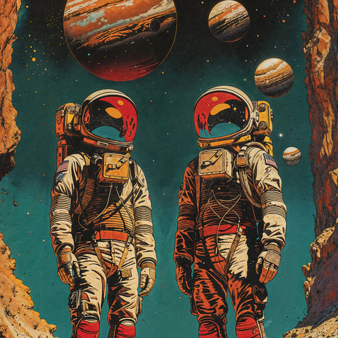 Poster of two astronaut companions standing side by side on a rocky world, their suits pristine and helmets reflecting the distant planets in the background. The vast expanse of space creates a powerful backdrop, with the planets visible through the reflective visors of their helmets.