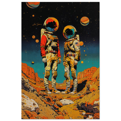 A captivating poster of two astronauts standing together on an alien landscape, with a view of distant worlds in the background. The sky transitions from blue to black, and the rugged, rocky surface of the planet adds to the sense of exploration and cosmic wonder.