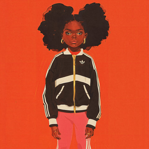 Fine art print of a young Crown Heights girl standing confidently in a black Adidas jacket paired with pink Adidas sweats and crisp white Adidas shoes. Her big curly hair and gold hoop earrings add a bold and stylish touch to the composition.