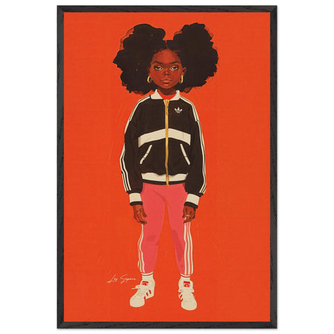 Fine art print of a young Crown Heights girl standing confidently in a black Adidas jacket paired with pink Adidas sweats and crisp white Adidas shoes. Her big curly hair and gold hoop earrings add a bold and stylish touch to the composition.