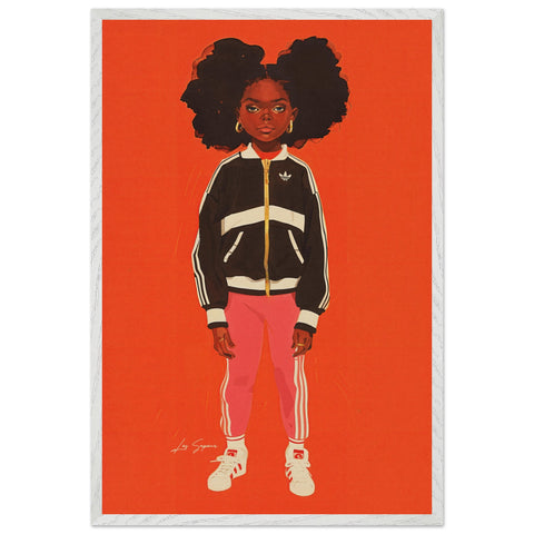 Fine art print of a young Crown Heights girl standing confidently in a black Adidas jacket paired with pink Adidas sweats and crisp white Adidas shoes. Her big curly hair and gold hoop earrings add a bold and stylish touch to the composition.