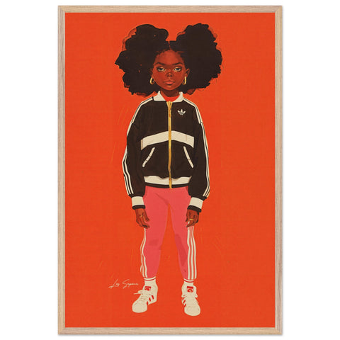 2feb76ff-9a25-40ca-b06a-Fine art print of a young Crown Heights girl standing confidently in a black Adidas jacket paired with pink Adidas sweats and crisp white Adidas shoes. Her big curly hair and gold hoop earrings add a bold and stylish touch to the composition.