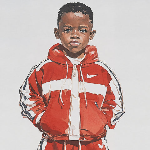 Fine art print of a young Brooklyn kid dressed in a red Nike tracksuit with white accents, paired with matching all-white Nike shoes. The figure stands confidently against a crisp white backdrop, emphasizing the vibrant colors and clean lines of the outfit.