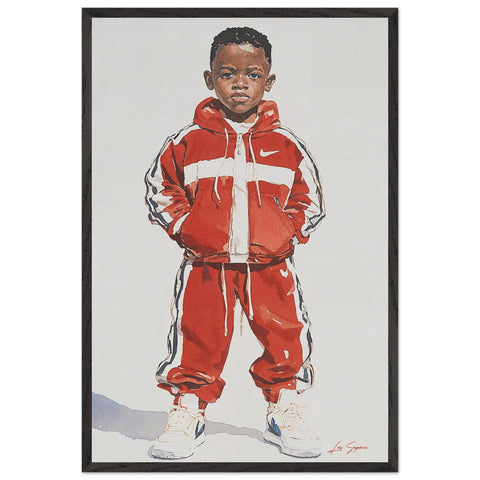 Fine art print of a young Brooklyn kid dressed in a red Nike tracksuit with white accents, paired with matching all-white Nike shoes. The figure stands confidently against a crisp white backdrop, emphasizing the vibrant colors and clean lines of the outfit.