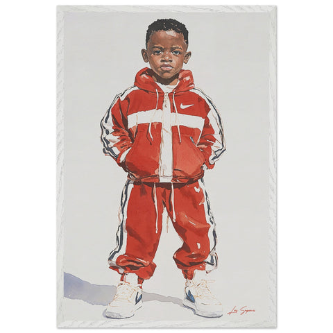 Fine art print of a young Brooklyn kid dressed in a red Nike tracksuit with white accents, paired with matching all-white Nike shoes. The figure stands confidently against a crisp white backdrop, emphasizing the vibrant colors and clean lines of the outfit.